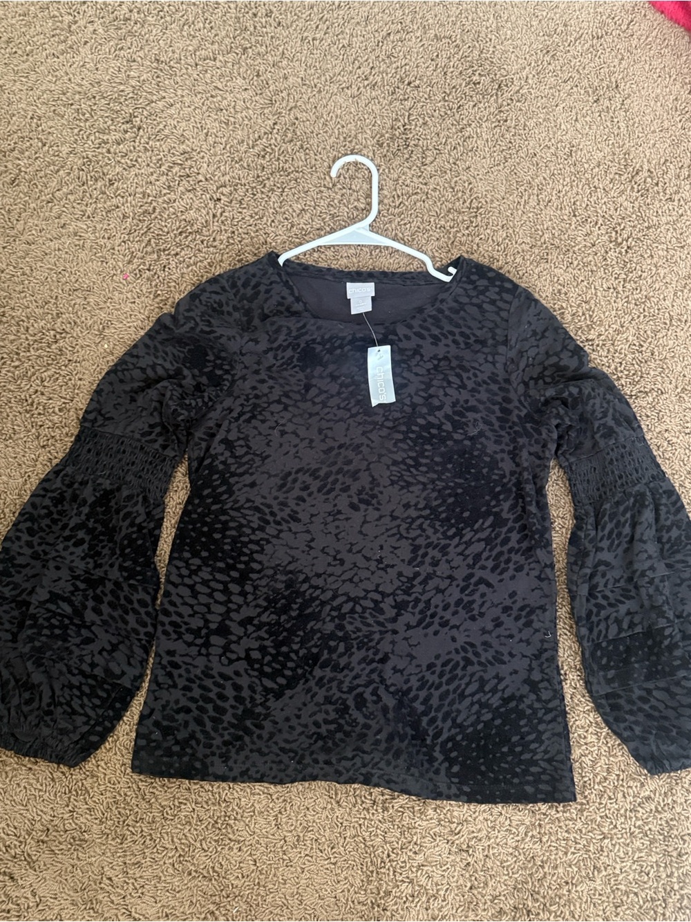 Chico's Black Textured Long-Sleeve Top with Smocked Bell Sleeves
